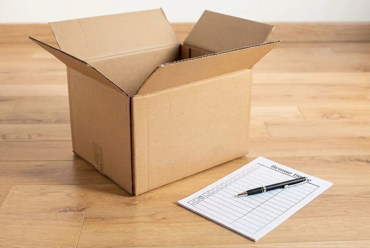 Boîte en carton ouverte prête à l’expédition avec une check-list et un stylo sur le sol, illustration d’un check-list déménagement.