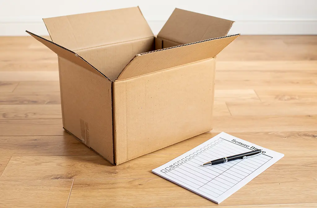 Boîte en carton prête à emballer et liste de contrôle avec stylo, pour organiser son déménagement étape par étape.
