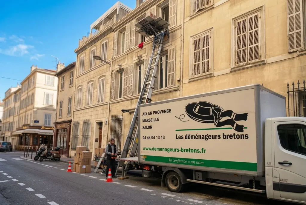 Déménageurs bretons sur rue, transpalette et échelle posés contre un immeuble; camion de déménagement blanc et vert prêt à charger.