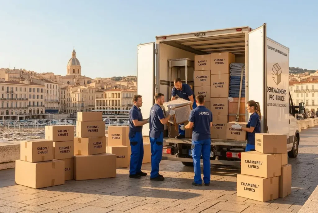 Aide au déménagement: déménageurs chargent des cartons dans un camion géant près d’un quai, avec boxes étiquetés. Démarches administratives déménagement intégrée.