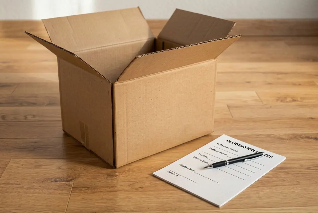 Boîte en carton ouverte et lettre de résiliation avec stylo sur le sol, illustrant la résiliation d’assurance habitation déménagement modèle.