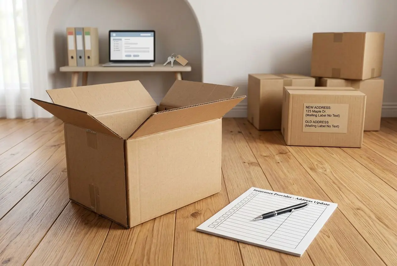 Boîtes d’expédition vides et carnet de suivi sur un sol en bois, prêt pour un déménagement, avec un bureau et des cartons empilés en arrière-plan. Assurance habitation déménagement.