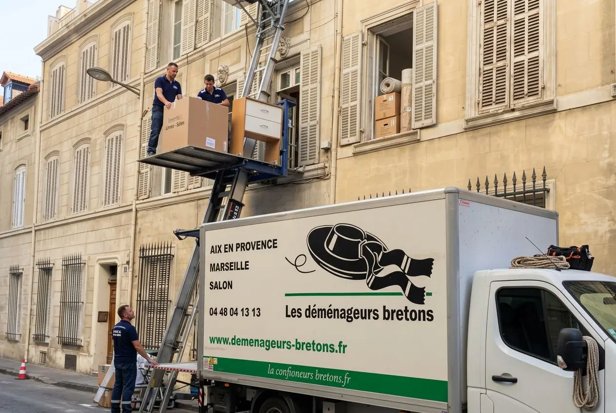 Déménageurs bretons chargeant des cartons sur une plateforme élévatrice près d’un camion, en façade d’immeuble ancien. Préparer son déménagement en 1 mois.