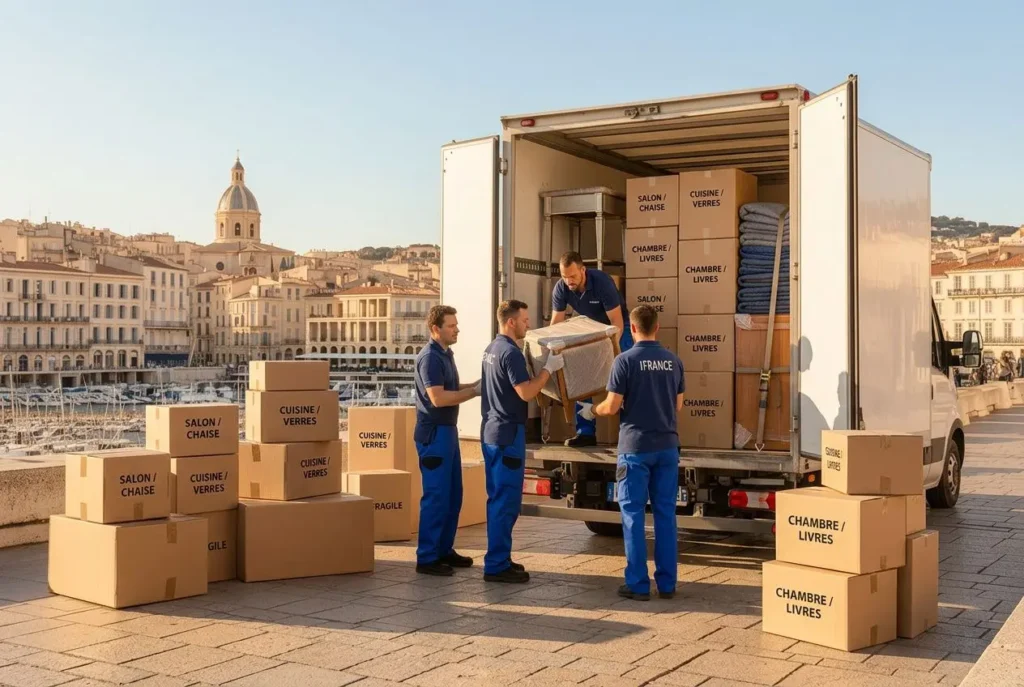 Équipe de déménageurs déchargeant des cartons et meubles dans un camion, emballages étiquetés "chambre/livres" et "cuisine/verres", préparation d’un déménagement en 1 mois.