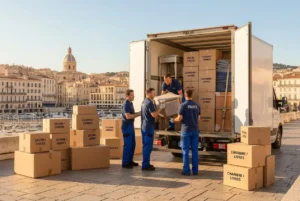 Équipe de déménageurs déchargeant des cartons et meubles dans un camion, emballages étiquetés "chambre/livres" et "cuisine/verres", préparation d’un déménagement en 1 mois.