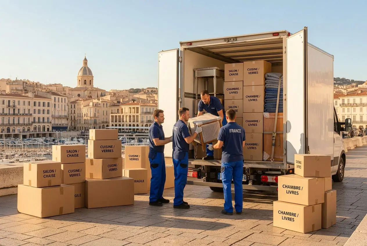 Équipe de déménageurs déchargeant des cartons et meubles dans un camion, emballages étiquetés "chambre/livres" et "cuisine/verres", préparation d’un déménagement en 1 mois.
