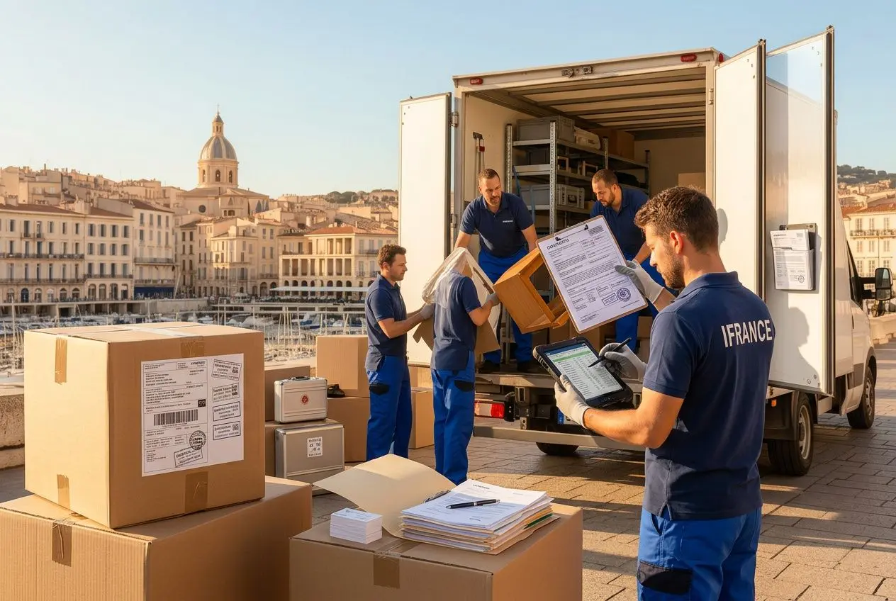 Équipe de déménageurs en sous-vêtements bleus déchargeant des cartons d’un camion sur un quai urbain, avec des plans et documents à vérifier. intégration du terme démarches administratives déménagement.