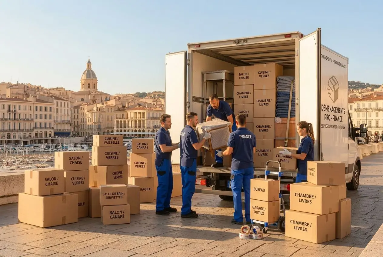 Groupe de déménageurs déchargeant des cartons depuis un camion dans une ville côtière, avec des boîtes étiquetées et des éléments d’emballage autour. où acheter cartons déménagement intégré naturellement.