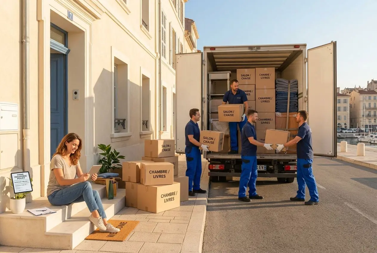 Une jeune femme assise sur les marches d’un immeuble, lisant peut-être un document, tandis que des déménageurs en uniforme chargent des cartons dans un camion en rue.