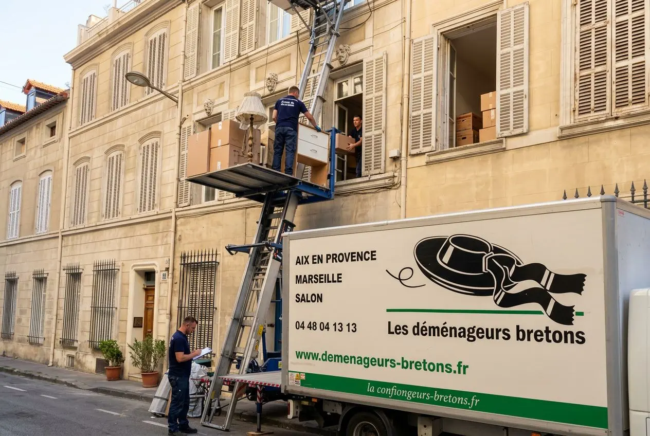 Livreur sur plateforme élévatrice déchargeant des cartons d’un camion de déménagement breton, façade typique de ville. Résilier assurance habitation déménagement modèle intégré de manière fluide.