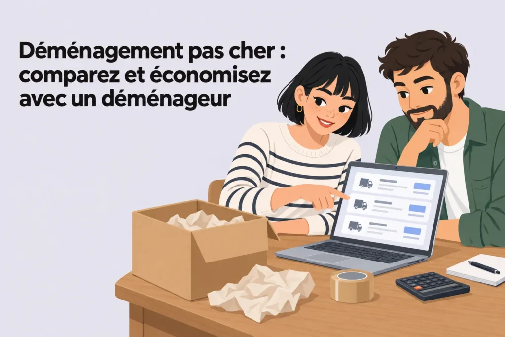 Déménagement pas cher : deux personnes consultent un laptop pour comparer les tarifs, avec carton et papier autour.