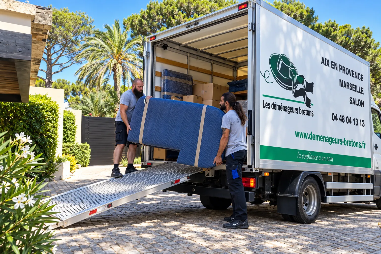 Deux déménageurs chargent un canapé sur une rampe de camion de déménagement.