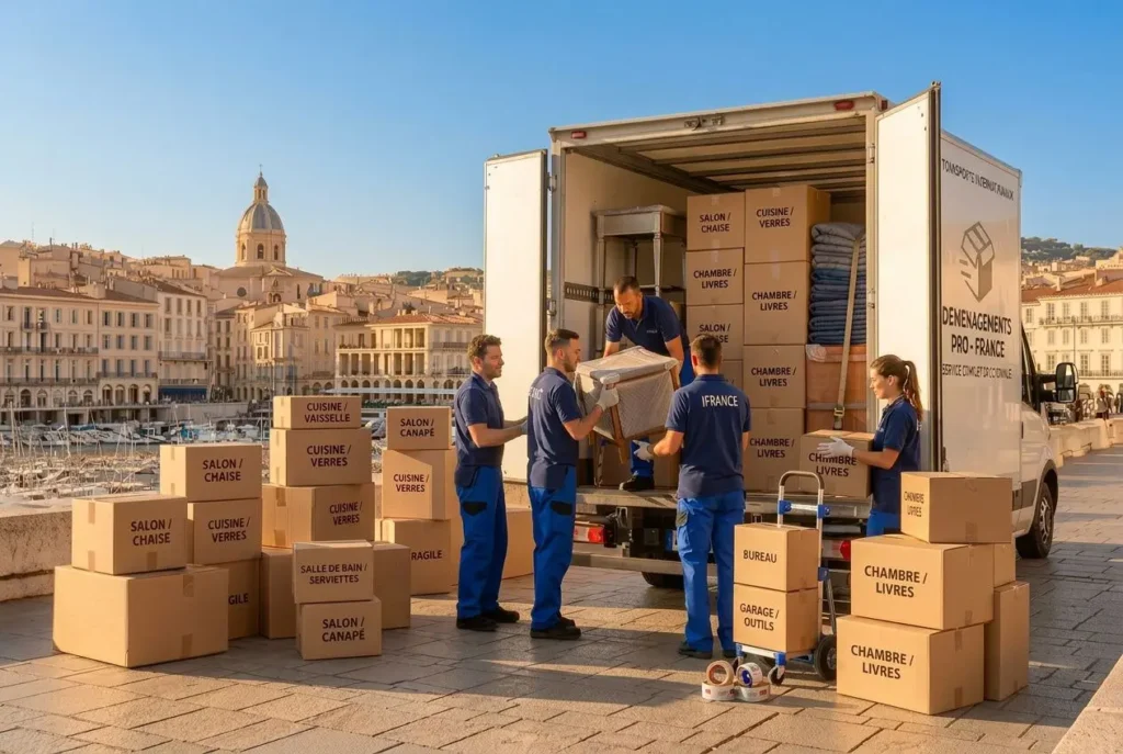 groupe de déménageurs déchargeant un camion, cartons étiquetés et planches sur le quai, ville en arrière-plan, déménagement organisé avec des étiquettes “chambre / livres” et “salon / canapé”