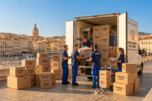 groupe de déménageurs déchargeant un camion, cartons étiquetés et planches sur le quai, ville en arrière-plan, déménagement organisé avec des étiquettes “chambre / livres” et “salon / canapé”