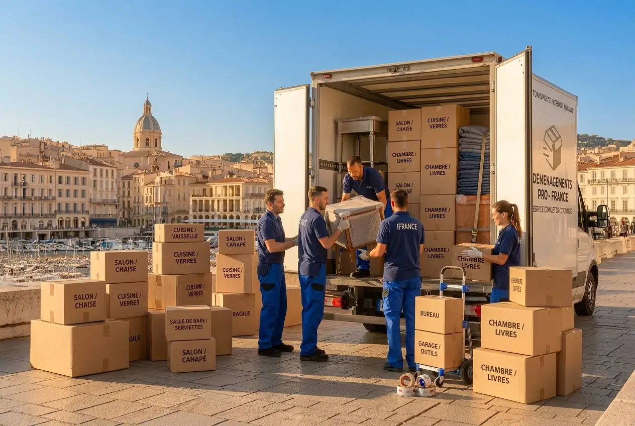 groupe de déménageurs déchargeant un camion, cartons étiquetés et planches sur le quai, ville en arrière-plan, déménagement organisé avec des étiquettes “chambre / livres” et “salon / canapé”