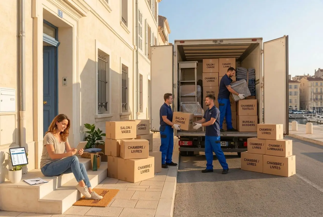 Personne assise sur les marches près d’un immeuble, attendant des déménageurs chargés de meubles et cartons dans une rue. Aide de 1000 euros pour un déménagement intégré naturellement.