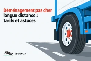 Le train d’un camion de déménagement visible sur la droite, prêt à rouler sur une route fluorescente.