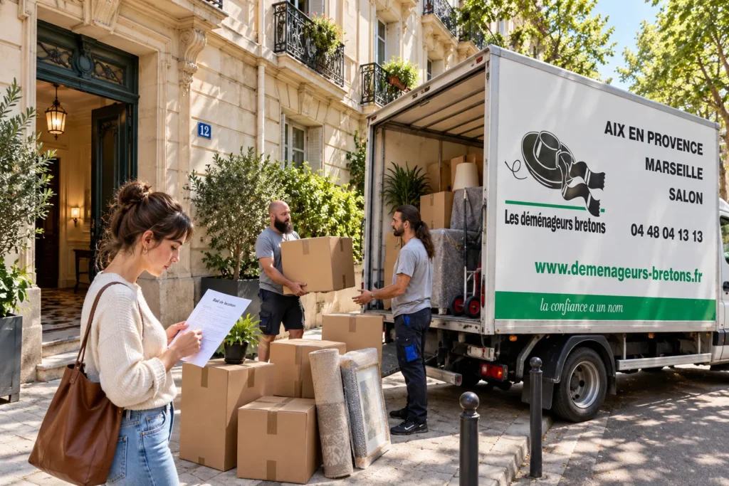 Des personnes déchargent des cartons et meubles d’un camion de déménagement devant un immeuble parisien.